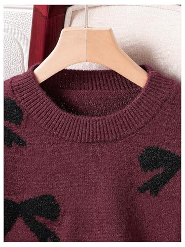 Image of RoseSeek Girl's Bow Graphic Sweaters Crewneck Long Sleeve Knit Pullover Tops Drop Shoulder Knitwear