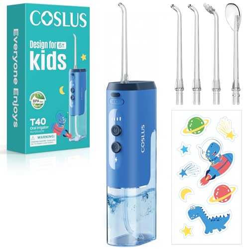 COSLUS T40 Portable Water Flosser for Kids: 4 Gentle Modes for Ages 6+ Braces & Sensitive Teeth - with Fun DIY Stickers 4 Storable Nozzles Mini Compact for Home School & Travel BPA-Free Blue