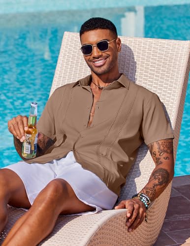 Image of COOFANDY Mens Cuban Guayabera Shirt Short Sleeve Button Down Shirts Summer Beach Vacation Shirts