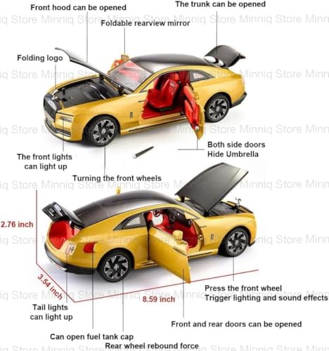 Image of 1:24 Rolls-Royce Spectre Diecast Metal Pull Back Car with 6 Openable Doors with Sound and Light Toy Decoration car Best Gift Toys for Kids (1.24 Rolls Royce Spectre - Gold)