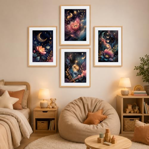 Image of Livin'luxe Set of 4 Celestial Moon Lotus Floral Wall Paintings with Sparkle Laminate and Premium Wooden Synthetic Frame for Living Room Bedroom Office Decor (13.5 x 19.5 Inch)