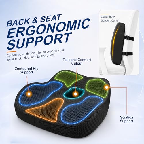 Image of Allaboutsla Seat Cushion & Lumbar Support Pillow Set: Ergonomic Memory Foam Seat Cushion and Back Support for Pain Relief, Butt Cushions and Lumbar Pillow for Car, Office Chair, Gaming - Black