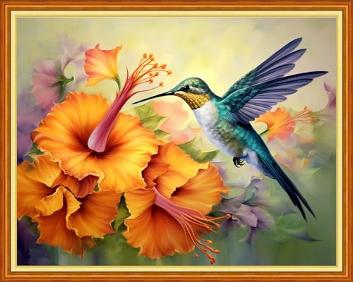 Image of Foxhool Beginners Cross Stitch Kits Stamped Full Range of Embroidery Kits for Adults DIY Cross Stitches kit Embroidery Patterns for Needlepoint kit-Hummingbirds Gather Honey 16x20 inch