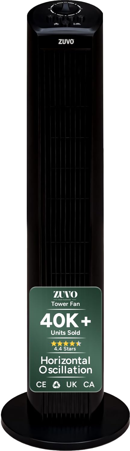 Zuvo 30 Inch Oscillating Tower Fan 3 Speed Bladeless Quiet Fan With 120 Minute Timer Portable Use