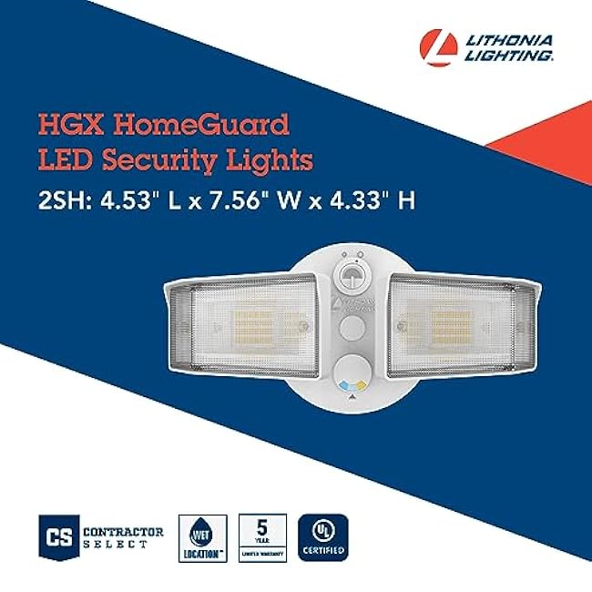 Lithonia Lighting HGX LED 2SH ALO SWW2 120 PE WH M2 HomeGuard LED Outdoor Security Floodlight, Adjustable Light Output, Switchable CCT, Photocell, 2-Lights, White