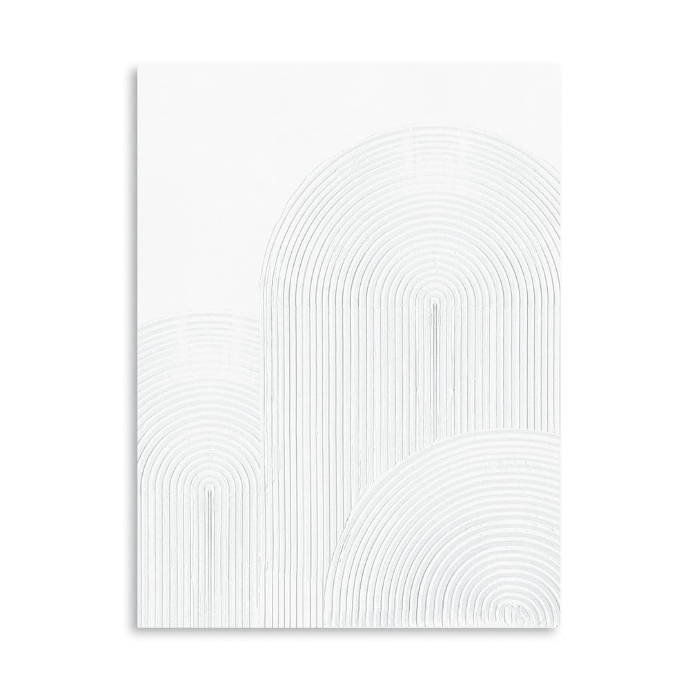 (similar 3 PCs) Contemporary White Textured Wall Art: 3D Retro Plaster Geometric Abstract Painting Line Spiral Shapes Wall Decor for Living Room, Bedroom Modern Neutral Art Decoration Framed Ready to Hang 12"x16"-B