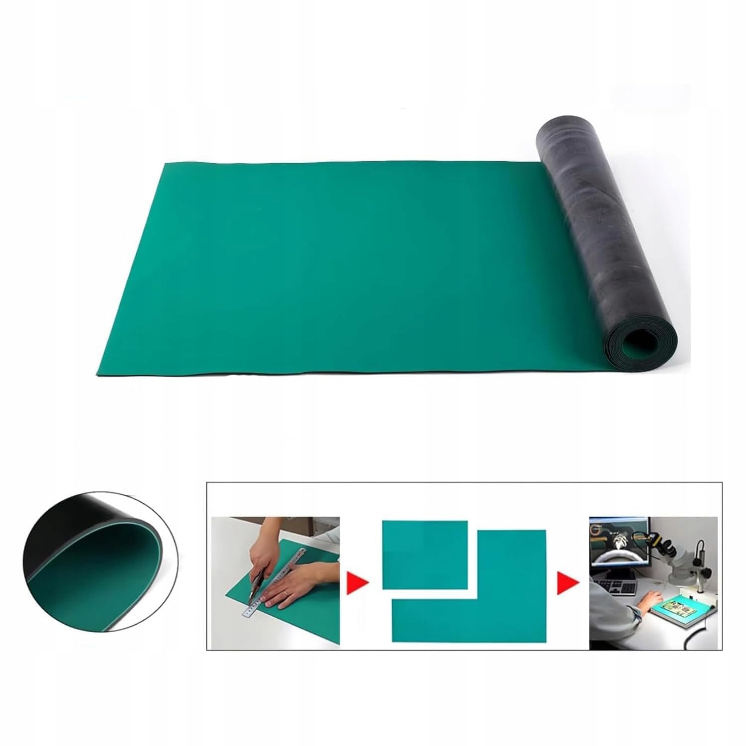 Rosfix Alfombrilla antiestática ESD 1,2 x 10 m, color verde/negro, goma natural, grosor de 2 mm, superficie mate | Disipación < 0,1s | Protección electrónica | alfombra de banco
