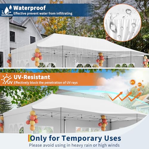 10x20 Pop Up Canopy, Commercial Heavy Duty Canopy Tents for Parties with Roller Bag, 10x20 Tents with 6 Removable Sidewalls, Upgraded Thickened Legs, 6 Sand Bags, White