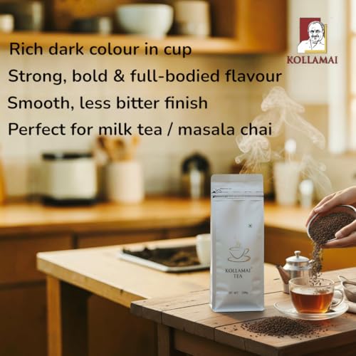 Image of KOLLAMAI Assam CTC Tea Powder | Strong Kadak Black Tea | Single Origin Garden Fresh Chai Patti 250g | Makes 125 Cups | Zip-Lock Pouch | Best for Milk Chai | No Additives | Rich Aroma | Pack of 1