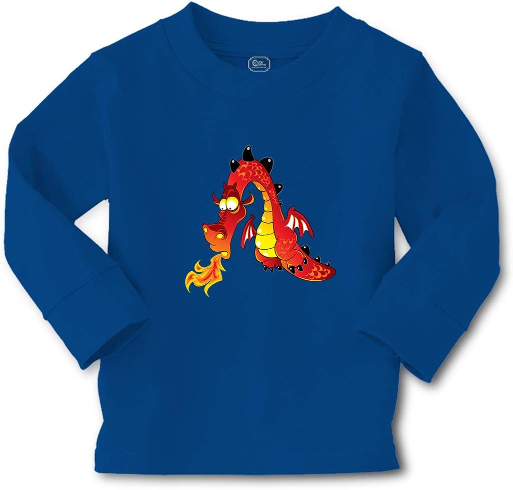 Kids Long Sleeve T Shirt Dragon Fire Breast Cartoon Character Cotton Boy & Girl Clothes Funny Graphic Tee Royal Blue Design Only 4T