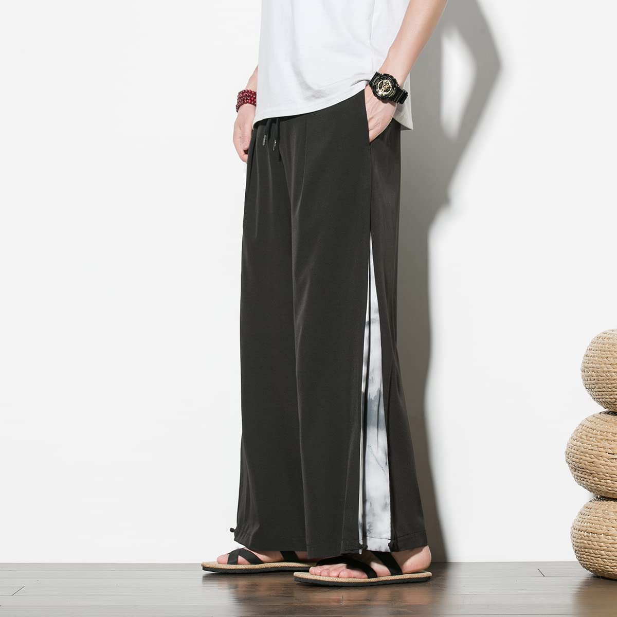 Seidarise Pantalones estilo harén de lino para hombre, de pierna ancha, estilo japonés, para yoga, hip hop, holgados