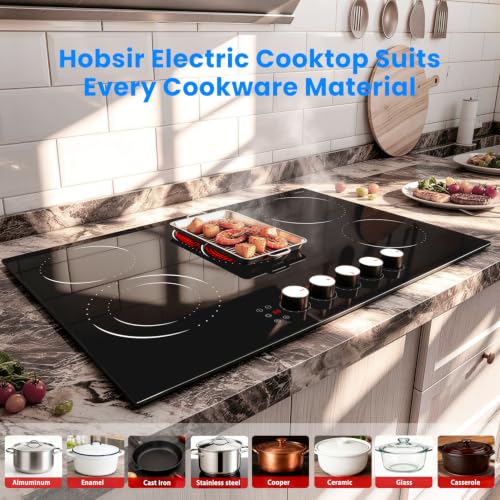 Image of Hobsir 30 Inch Electric Cooktop, 5 Burner 8400W Built-in Stovetop 240V | (29.13 inch x 20.47 inch) Knob & Touch Control, 9 Power Levels, 99-Min Timer, Safety Lock, Tempered Glass, All Cookware Compatible