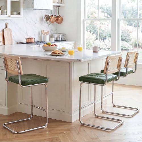 Image of Zesthouse Rattan Counter Stools Set of 3, 26 inch Mid Century Modern Bar Stools with Natural Cane Mesh & Chrome Base, Green Faux Leather Counter Height Barstools, Boho Island Chairs for Kitchen Counter