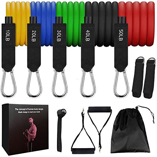 11 Pieces Resistance Bands Set Stackable Up to 150 lbs Elastic Exercise Workout Bands Set with Door Anchor Handles Legs Ankle Straps for Home Gym Workout Equipment Physical Therapy Yoga Accessories
