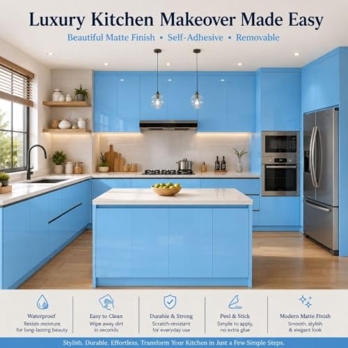 Image of HOME13 Sky Blue Glossy Wallpaper Peel & Stick Wallpaper Self Adhesive Removable Vinyl Wallpaper for Kitchen Cabinet Furniture Waterproof Countertop (12x60 Inch)