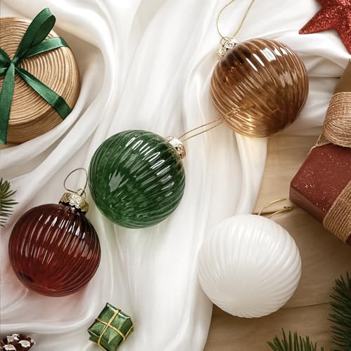 Hollowfly 12 Pcs Vintage Christmas Ribbed Glass Ball Ornaments, Sphere