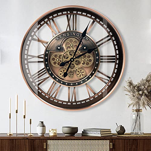 Real Moving Gears Wall Clock Large Modern Metal Clocks For Living Room Decor, Industrial Steampunk Unique Vintage Rustic Decorative Clock For Home Farmhouse Office, 27.6 Inch,Red Copper Roman #TOP5