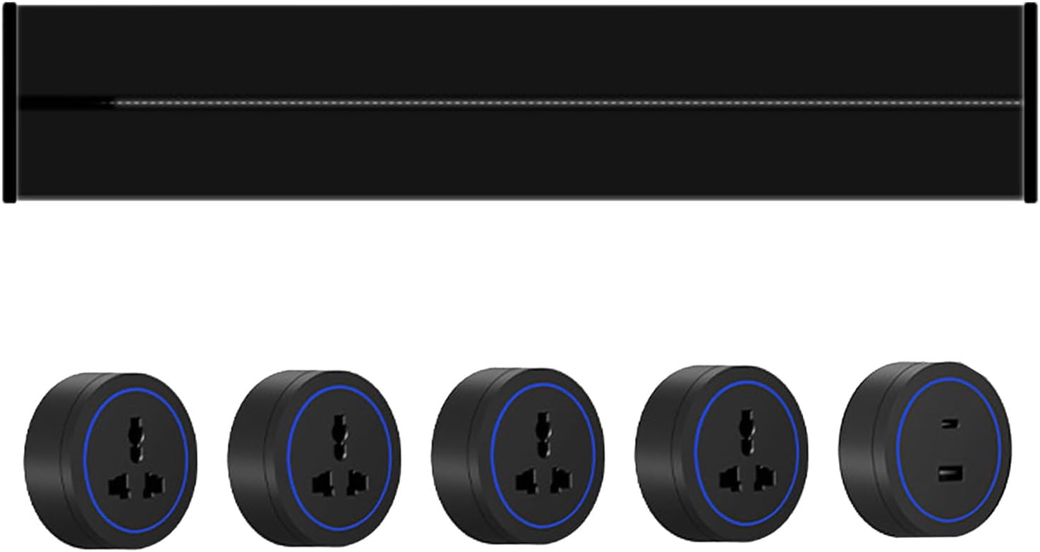8000w Removable Electrical Outlet Track,29.53 Inch Track,With 4xMulti-3-Hole Adapter+1 Usb+C Adapter,Left And Right Line,Blue Ambient Light,Wall Outlet,For Kitchen,Living Room,Black