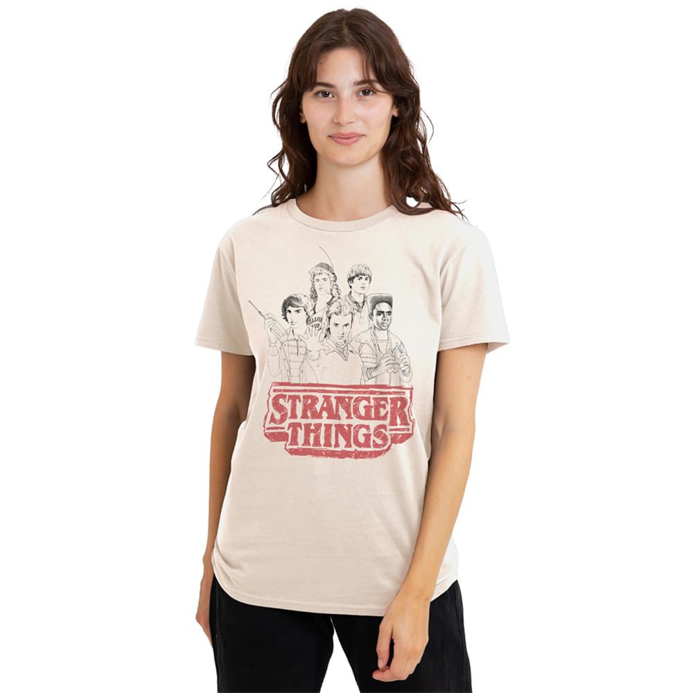 Stranger Things Sketch Group Logo Ladies T Shirt, Natural, Large