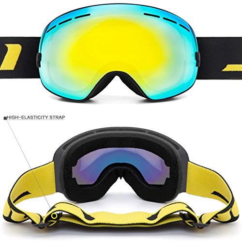 Image of JULI Kids Ski Goggles,Interchangeable Double Layer Spherical Lens,OTG Anti-Fog Snowboard Skate Snow Goggles Age 4-16 4300(Gold)