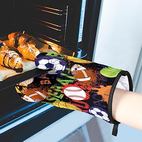 Soccer Football Baseball Basketball Oven Mitts And Pot Holders Set Oven Mits Mittens Heat Resistant Potholders Oven Gloves Hot Pad For Baking Cooking Kitchen Grilling Bbq Gifts 2 Piece Set #TOP4
