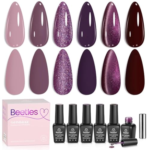 Image of Beetles Purple Gel Nail Polish Set, 6 Colors Muse of Midnight Gel | 6 Burgundy Nude Purple Gel Polish Colors with Glitter Cat Eye Effects for Uv Led Soak-Off Manicures