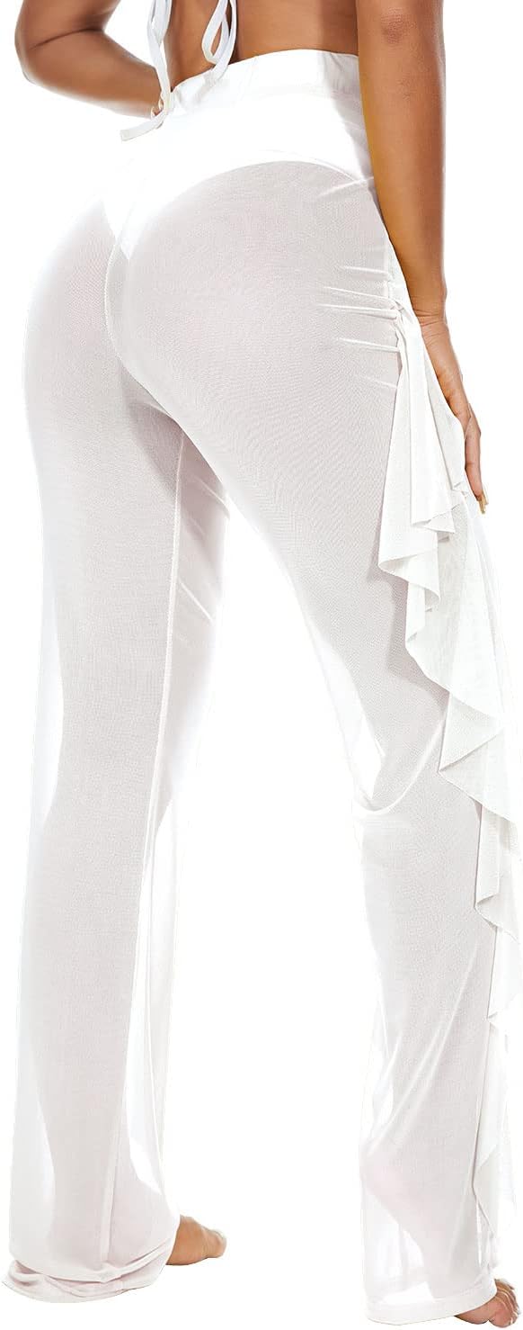 Jumppmile Women's Ruffle Sheer Mesh Swimwear Bikini Cover Up Pants See Through - Image 3