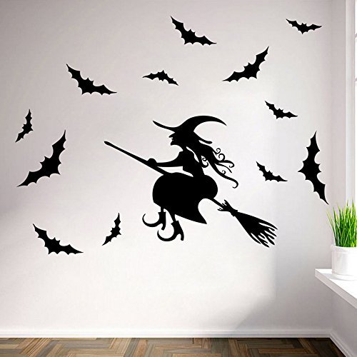 Halloween Flying Witch On Broom Bats Pvc Lettering Decal Home Decor Window Bedroom Living Roon Wall Stickers Wallpaper 33X20" #TOP6