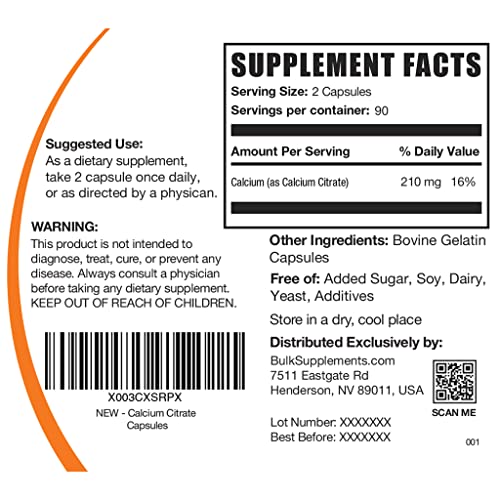 Bulksupplements.com Calcium Citrate Capsules - Calcium Citrate Supplement - Calcium Supplements - Calcium Citrate Pills - Calcium Capsules - 2 Capsules (210Mg Calcium) Per Serving (180 Capsules) #TOP1
