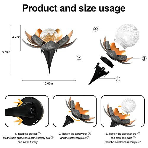 Qzhp Outdoor Solar Lights, Garden Decor, Crackle Glass Globe, Waterproof Metal Lotus Flower Light For Patio, Lawn, Walkway, Tabletop, Ground #TOP1