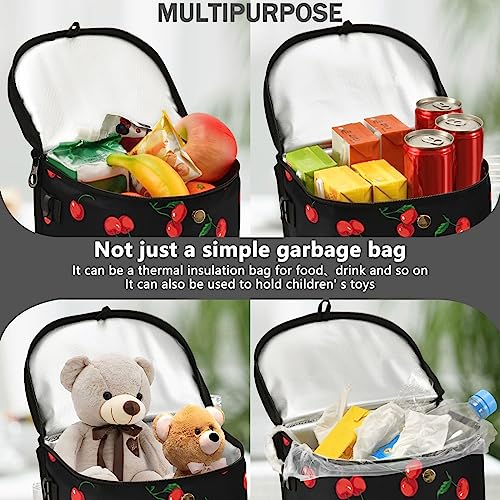 Image of Cherry Black Car Trash Can Watercolor Fruit Leaves Car Garbage Bag with Lid Hanging Waterproof Leak Proof Vehicle Storage Bin