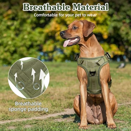 VavoPaw Taktisch Hundegeschirr, Einfach Kontrolle & Anti Zug Hundegeschirr mit Molle Panel und Reflektierend Streifen, Taktisch Weste für Hunde Training, Wandern, Jagd, Outdoor, Armeegrün, L