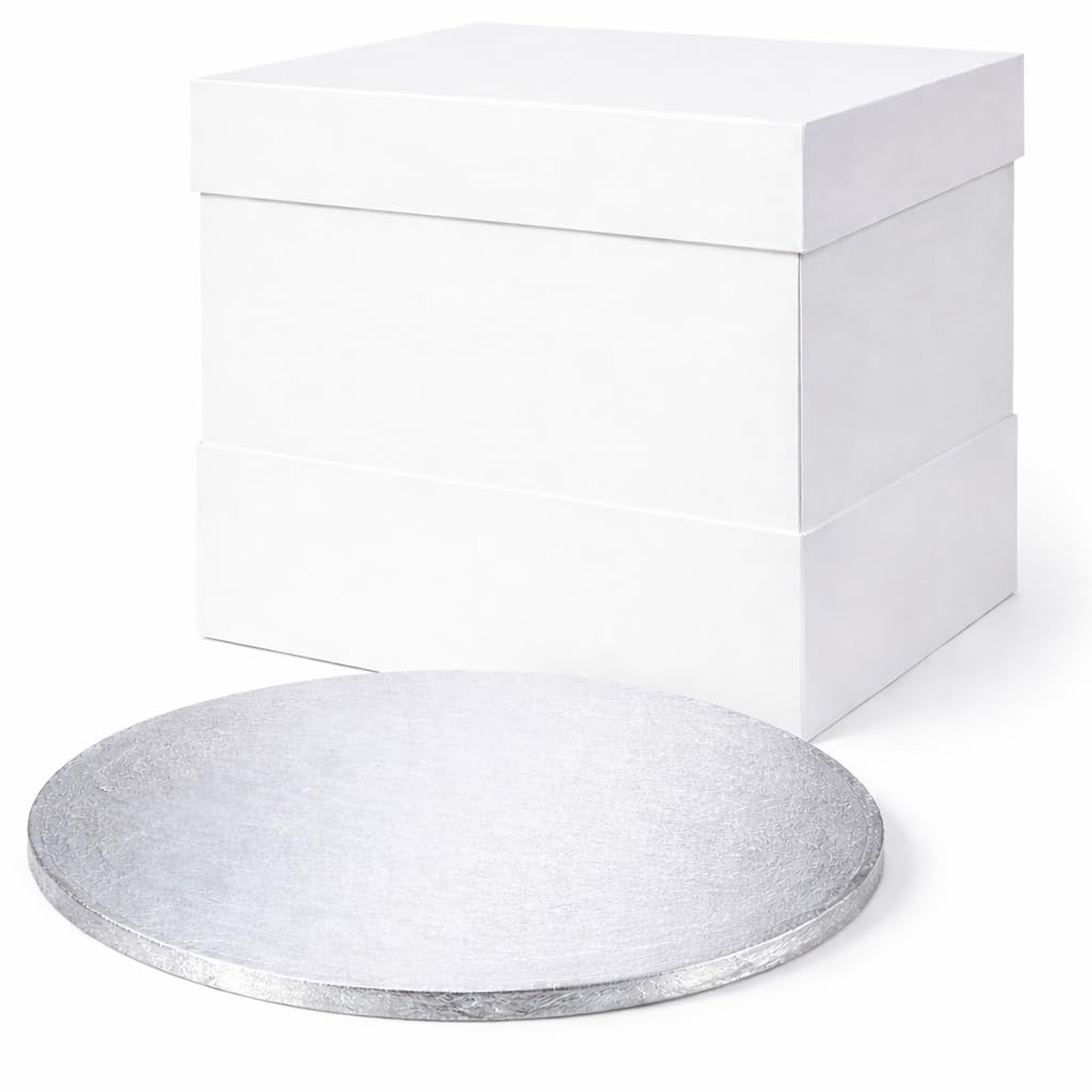 FALGUN Premium 10" White Cake Box + 16" Extra Tall Extension Card + 10" Thick Round Silver Cake-Board | Thick Cake-Board Drum & Tall 16" Cake Box Set | For Tiered or Decorated Transport - 10 Inch