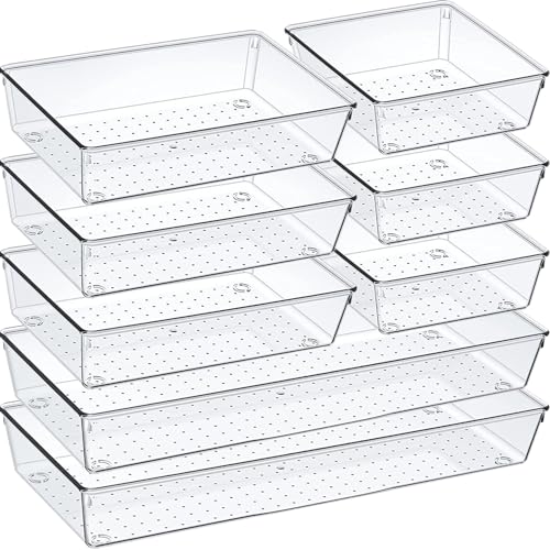 Image of Criusia Drawer Organizer Set, Acrylic Non Slip Non Cracking Kitchen Drawer Storage Tray Large Size Divider, Multifunctional Storage for Cosmetics, Bathroom, Tools, Kitchen and Office (8 PACK)