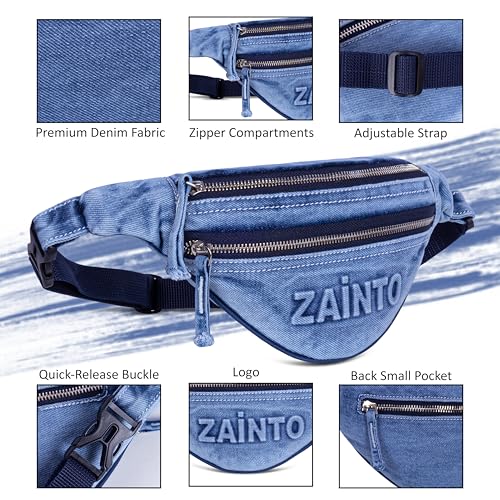 Image of Zainto Denim Waist Bag for Men & Women | Stylish Fanny Bag with Adjustable Strap | Premium Denim Material, Dual Zipper Crossbody Mini Bag