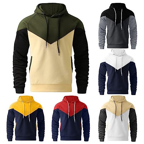 Fleece Hoodie for Men Color Block Pullover Sweatshirt Long Sleeve Drawstring Sweatshirt Fashion Trendy Coat Clothes