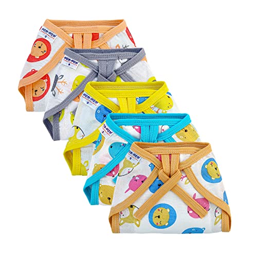 Image of Washable Reusable Cotton Muslin U Shape Lace Nappy,Langot For New Born Baby - Pack of 5(Animal Face Print 9-12 Months)