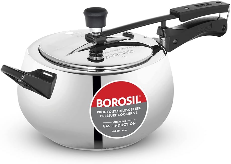 Borosil 5L Pronto Stainless Steel Pressure Cooker with Inner Lid | Gas & Induction Compatible | 6.8 mm Heavy Encapsulated Base | SS304 Food Grade | 5 Year Warranty