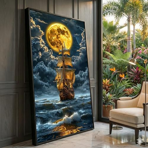 Toile vagues de l'océan dorées et voilier au clair de lune 80x150cm