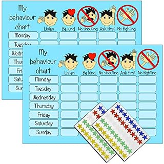 kids2learn Boys Reusable Behaviour Reward Chart & Stickers (TWIN PACK) Two Blue Charts