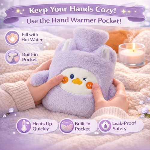 Image of Hot Water Bottle with Plush Duck Cover 1000ML Premium Leak-Proof Heating Bag for Period Cramps, Back, Neck & Joint Pain Relief Hot & Cold Compress for Muscle Injuries & Swelling with Bunny Sleeve (Lavender - Duckling)