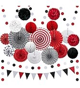 Red and Black Paper Fan Graduation Party Decorations,23Pcs Hanging Paper Fans, Pom Poms Flowers, ...