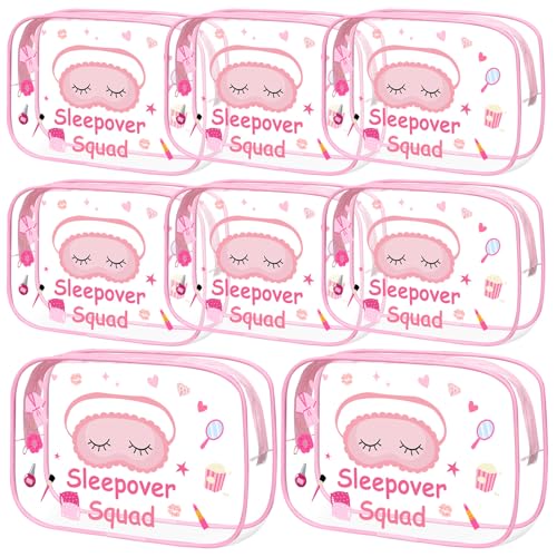 Aliceset 8 Pcs Sleepover Party Supplies Pink Makeup Bag Sleepover Spa Squad Cosmetic Bag Slumber Party Favors Waterproof Toiletry Pouches Girls Night Decorations