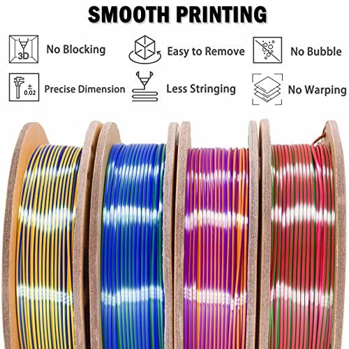 Image of PLA Filament 1.75mm, Tri-Colors 3D Printer Filament, Rainbow PLA Filament Bundle, Coextrusion 3D Filament with Silk PLA Color Change, 3D Printing Filament + /-0.02mm, 200g X 4 Spool