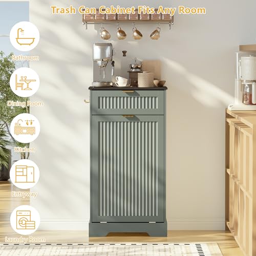 Image of Single 13 Gallon Tilt Out Trash Can Cabinet,Garbage Cabinet with Drawer | Hidden Garbage Storage with Fluted Design, Drawer & Hooks for Kitchen, Dining Room and Small Space Organization,Green