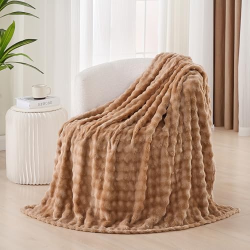 3D Bubble Plush Blanket Textured Fleece Throw Soft Warm Cozy Blanket Couch Bed Twin Brown 60x80 Inches