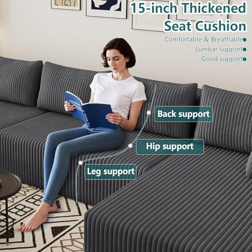 Image of 160 inch U-Shape Cloud Couch, Modern Modular Sectional U-Shape Sofa, Corduroy Boneless Couch Upholstered Couches Deep Seat Sleeper Chaise Longue for Living Room, No Assembly Required,Dark Gray