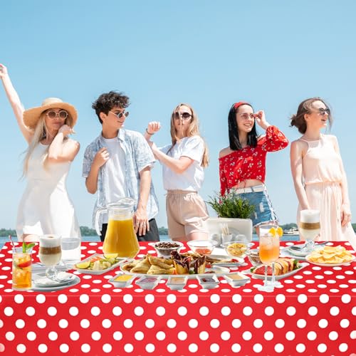 Image of WNINK 6 Pack Red and White Polka Dot Tablecloths - Disposable Plastic Waterproof Table Cover, 54 inch x 108 inch, for Birthday, Wedding, Bridal Shower, Bachelor Party, and Picnic