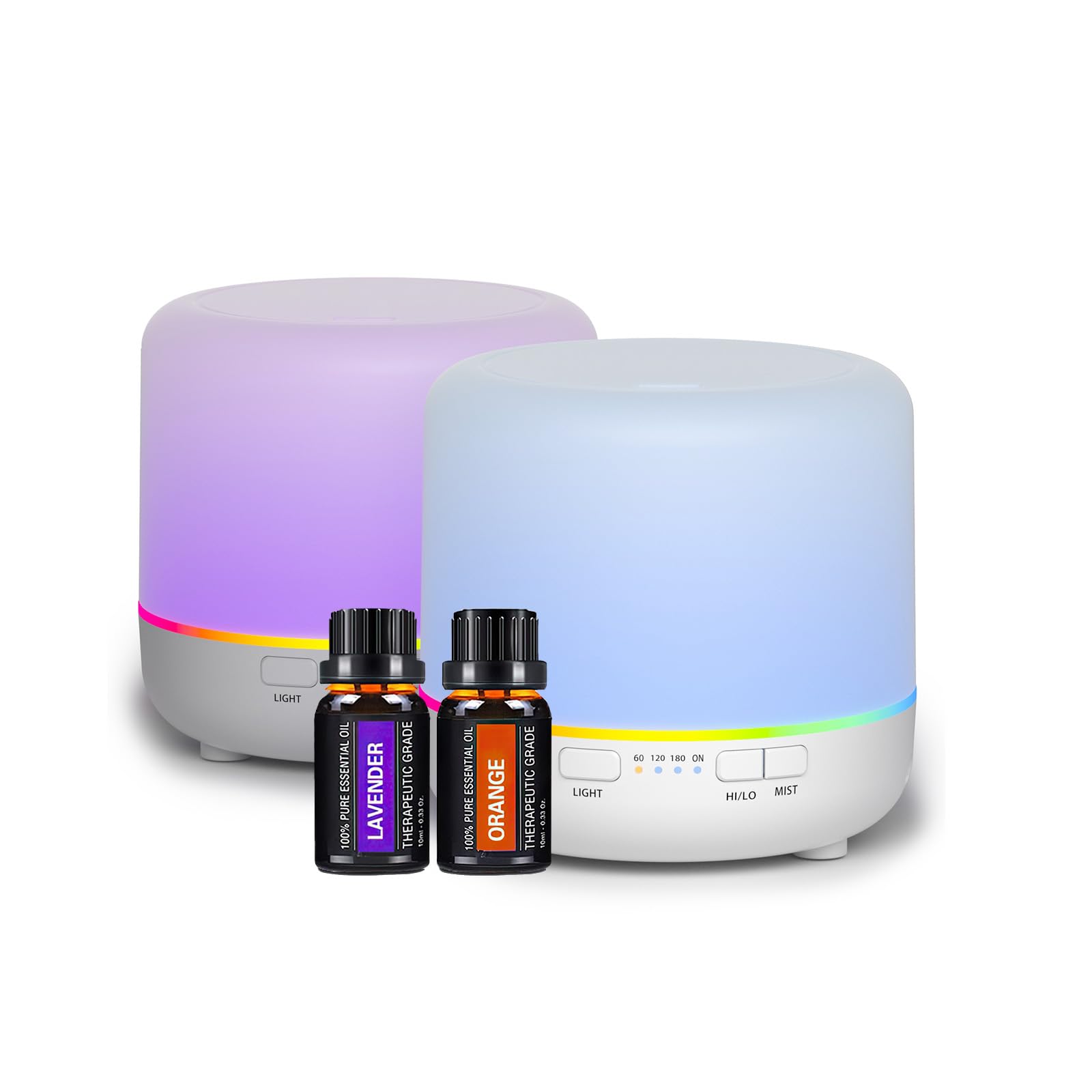 Scent Essential Oil Diffuser 2 Pack 200 ML Ultrasonic Cool Mist Humidifiers and Aroma Diffuser 7-Colour Night Light Auto Shut-Off for Office Home Trip（White+2piece Essential Oils） (White-LO)
