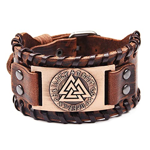 Bracelet viking en cuir véritable marron avec symbole d'Odin ajustable pour homme